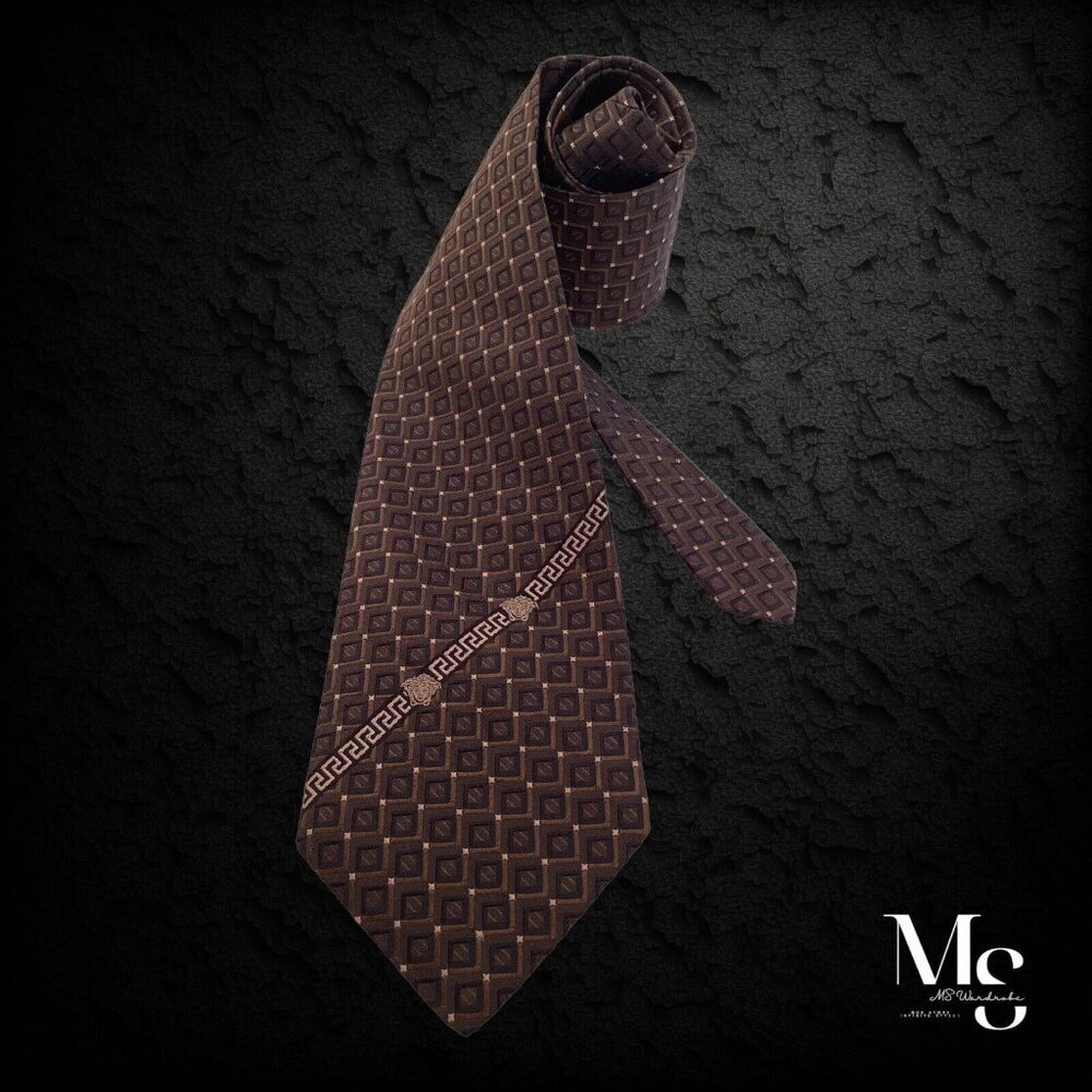 GIANNI VERSACE Brown Geometric Baroque Medusa Italy Silk Tie W: 3.75" EX COND